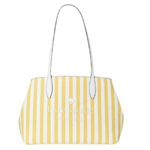 Kate Spade New York Yellow & White Striped Canvas Tote Bag With Leather Handles